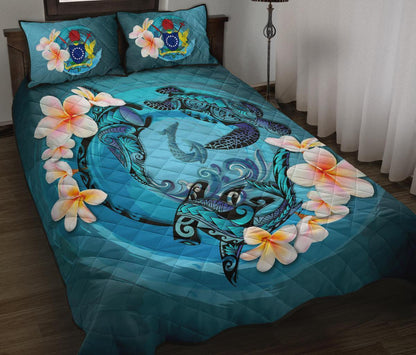 Cook Islands Polynesian Quilt Bed Set Blue Plumeria Animal Tattoo