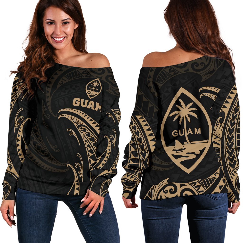 Guam Polynesian Women's Off Shoulder Sweater Gold Tribal Wave