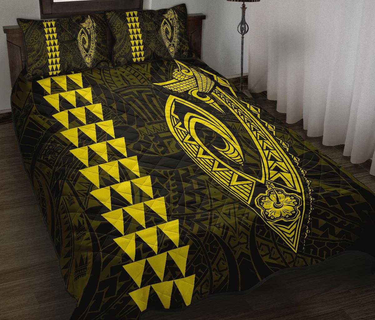 Hawaii Kakau Makau Fish Hook Polynesian Quilt Bed Set Yellow