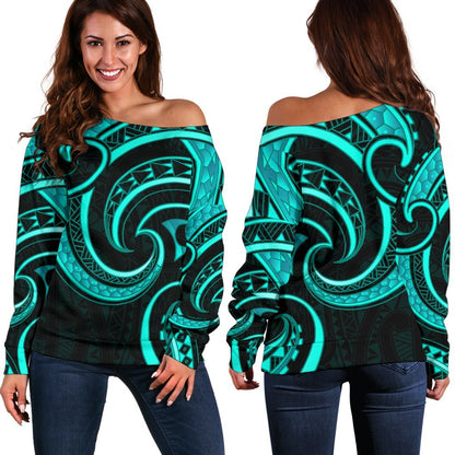 New Zealand Maori Mangopare Women Off Shoulder Sweater Polynesian Turquoise