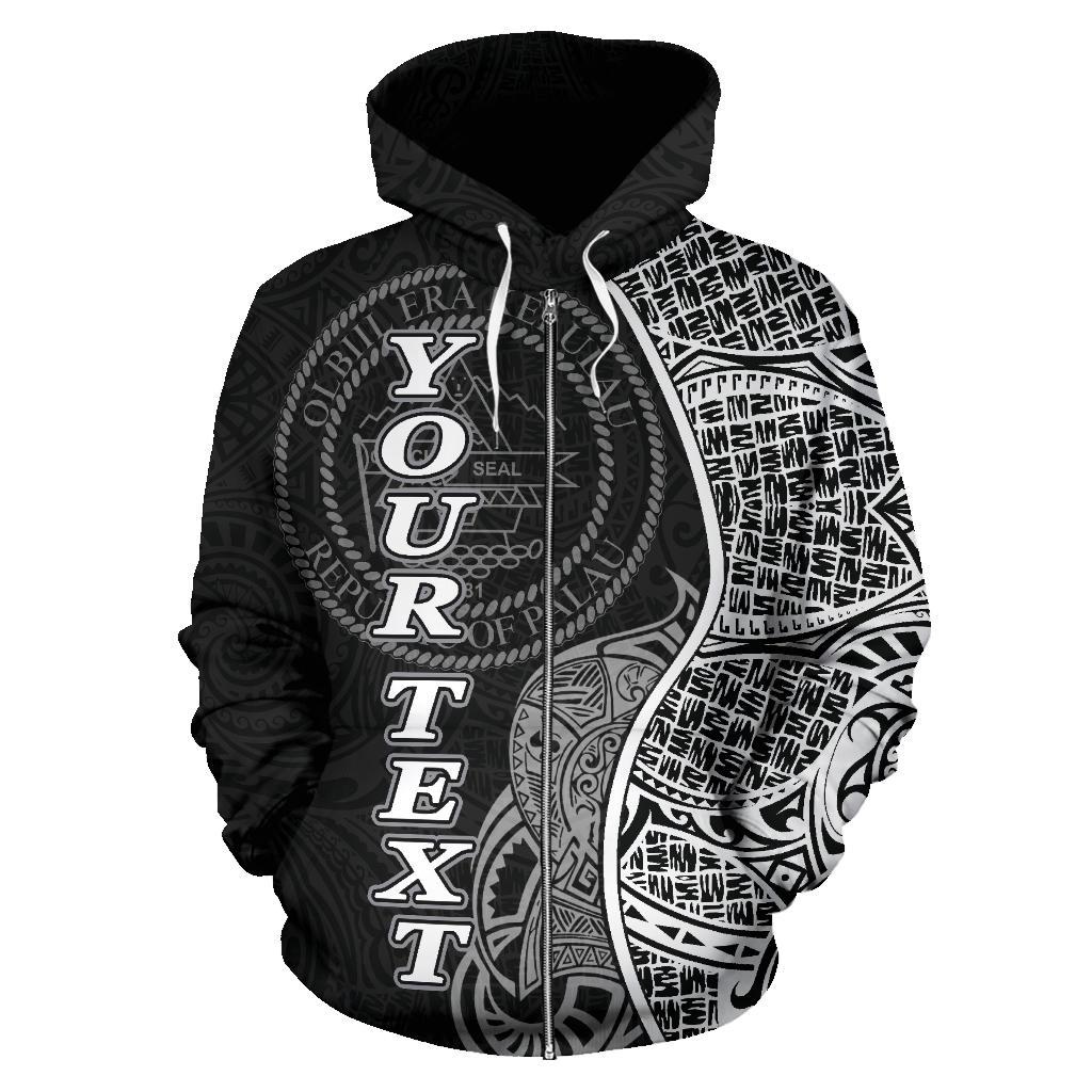 Custom Text Palau Polynesian Custom Personalised Zip Up Hoodie Coconut Black