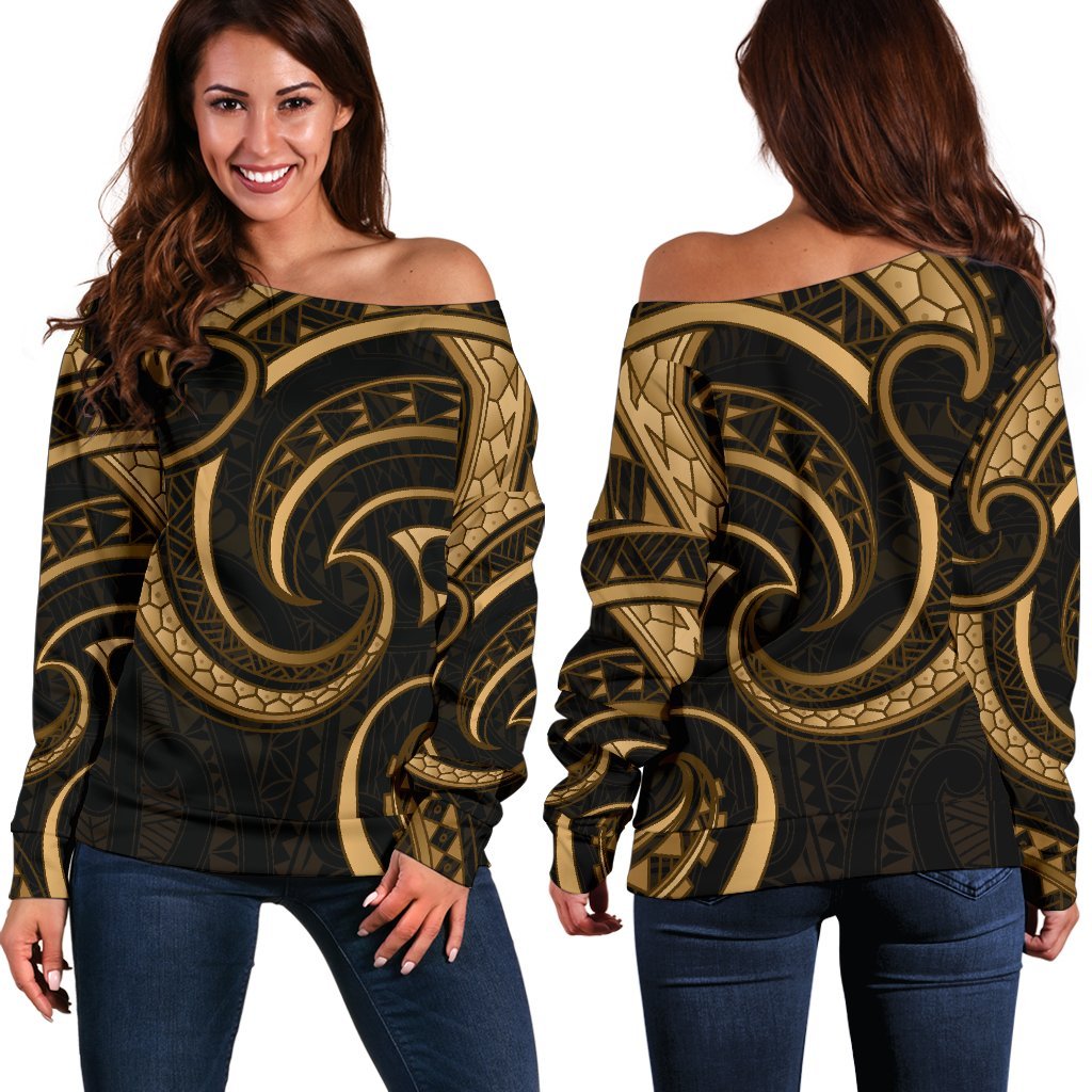 New Zealand Maori Mangopare Women Off Shoulder Sweater Polynesian Gold