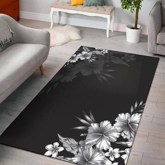 Black n White Hibiscus Area Rug
