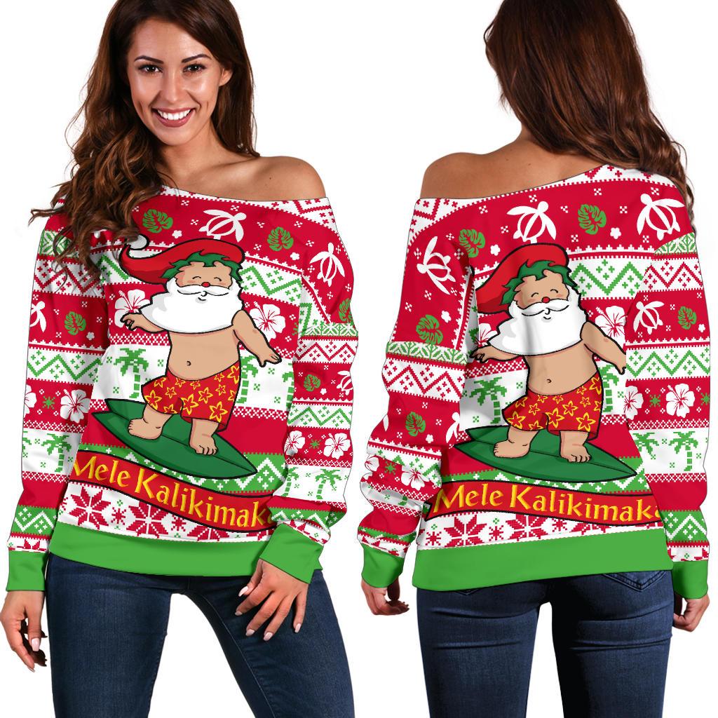 Polynesian Hawaii Christmas Off Shoulder Sweatshirt Santa Surfing