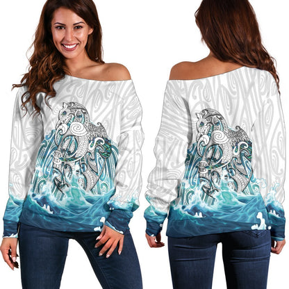 Maori Manaia The Blue Sea Women's Off Shoulder Sweater, White