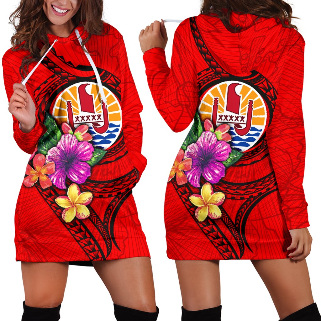 Tahiti Polynesian Women's Hoodie Dress Floral With Seal Red