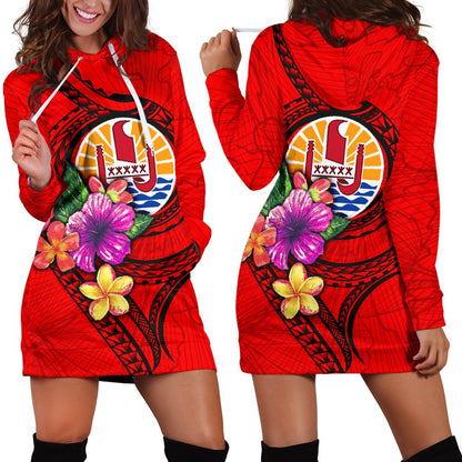 Tahiti Polynesian Women's Hoodie Dress Floral With Seal Red