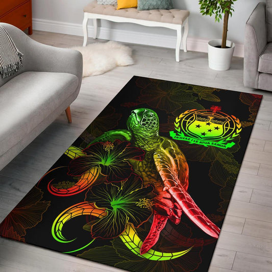 Samoa Polynesian Area Rugs Turtle With Blooming Hibiscus Reggae