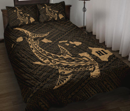 Hawaiian Map Hamerhead Shark Polynesian Quilt Bedding Set Gold