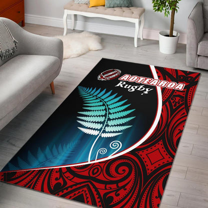 Aotearoa Rugby Black Maori Area Rug Kiwi and Silver Fern New Zealand