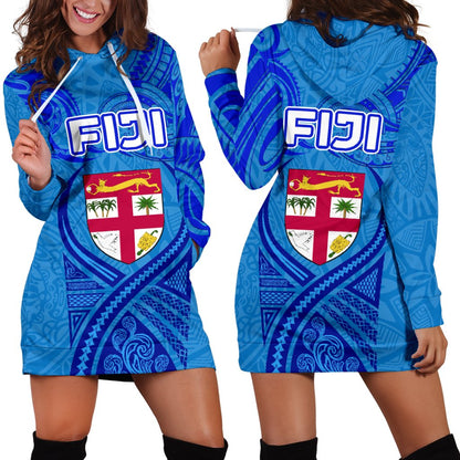 Blue Women Hoodie Dress Fiji Rugby Polynesian Waves Style