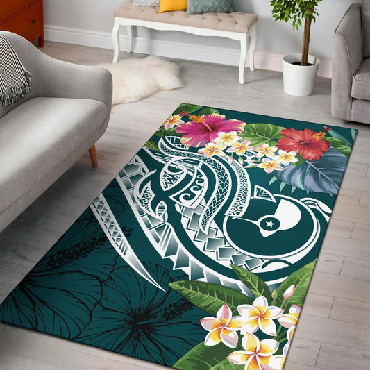 YAP Polynesian Area Rug Summer Plumeria (Turquoise)