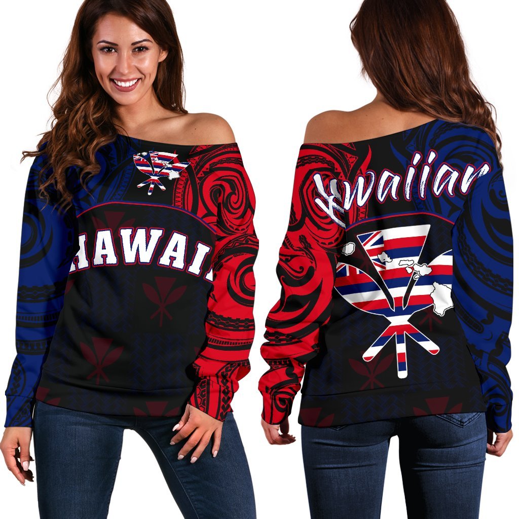 Hawaiian Kanaka Women's Off Shoulder Sweater Flag Nation Black Demodern AH