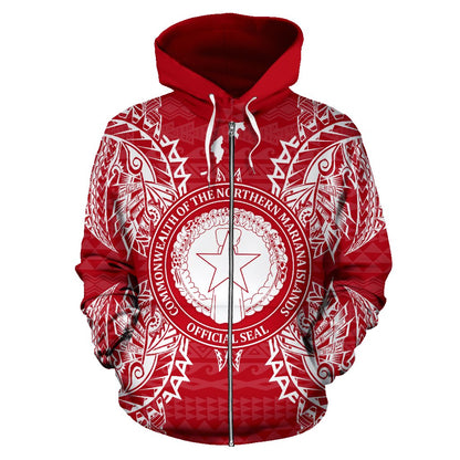 Northern Mariana Islands Polynesian All Over Zip Up Hoodie Map Red White