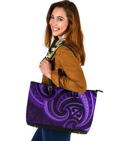 New Zealand Maori Mangopare Large Leather Tote Polynesian - Purple