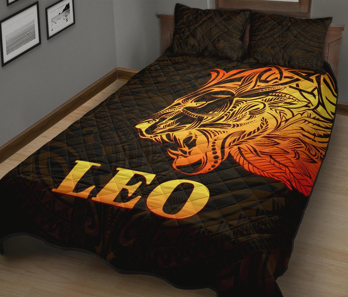Sun In Leo Zodiac Quilt Bed Set Polynesian Tattoo Simple Orange Black