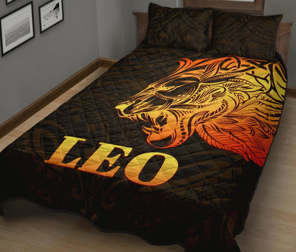 Sun In Leo Zodiac Quilt Bed Set Polynesian Tattoo Simple Orange Black
