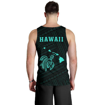 Hawaii Kakau Polynesian Turtle Map Men's Tank Top Turquoise