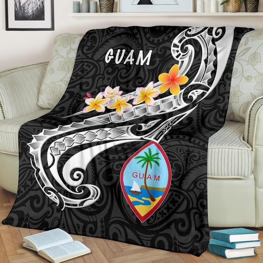 Guam Premium Blanket Guam Seal Polynesian Patterns Plumeria Black