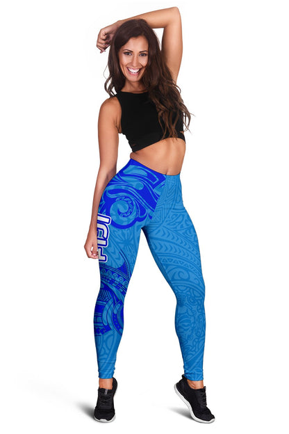 Blue Women Leggings Fiji Rugby Polynesian Waves Style