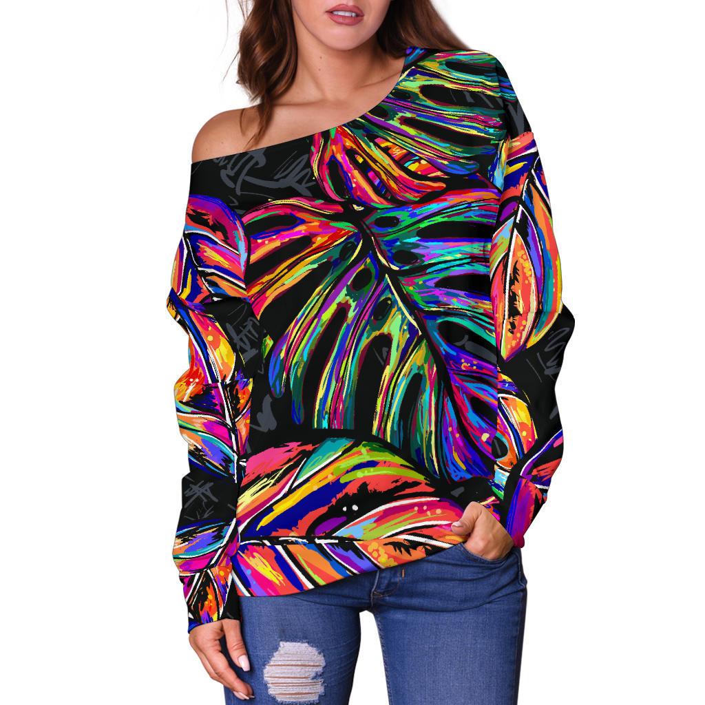 Palm Leaves Women's Off Shoulder Sweater Neon Color