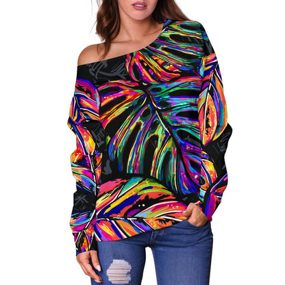 Palm Leaves Women's Off Shoulder Sweater Neon Color