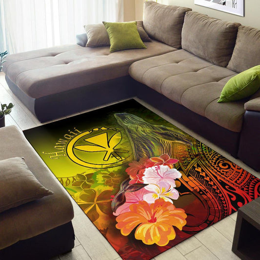 Polynesian Hawaii Area Rugs Kanaka Maoli Humpback Whale with Tropical Flowers (Yellow)