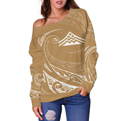 Hawaiian Mauna Kea Polynesian Women's Off Shoulder Sweater Gold And White Frida Style