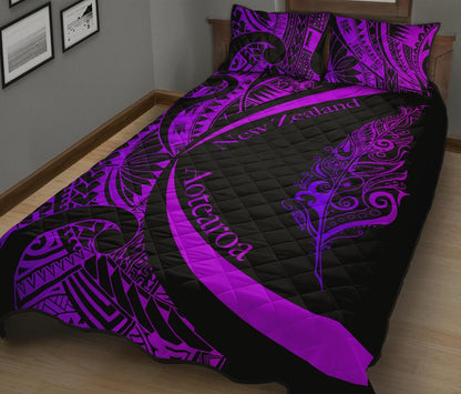 Light Silver Fern Maori Quilt Bed Set Circle Style, Purple