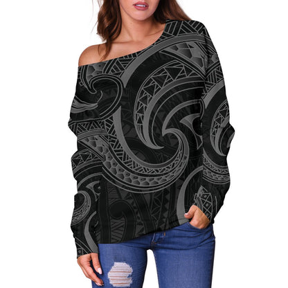 New Zealand Maori Mangopare Women Off Shoulder Sweater Polynesian Black
