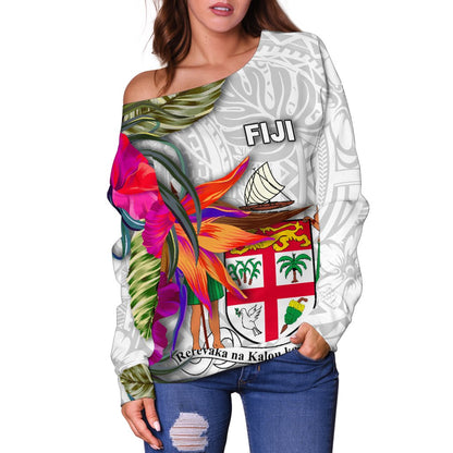 Fiji Polynesian Women's Off Shoulder Sweater Hibiscus White Pattern