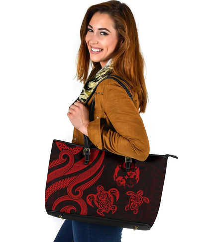 Tonga Polynesian Large Leather Tote Bag - Red Tentacle Turtle