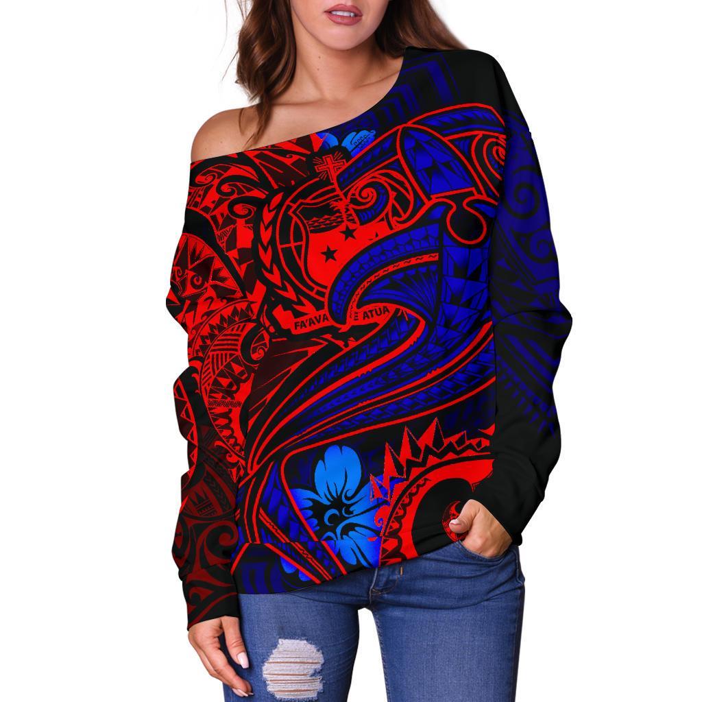 Samoa Women's Off Shoulder Sweater Blue Shark Polynesian Tattoo