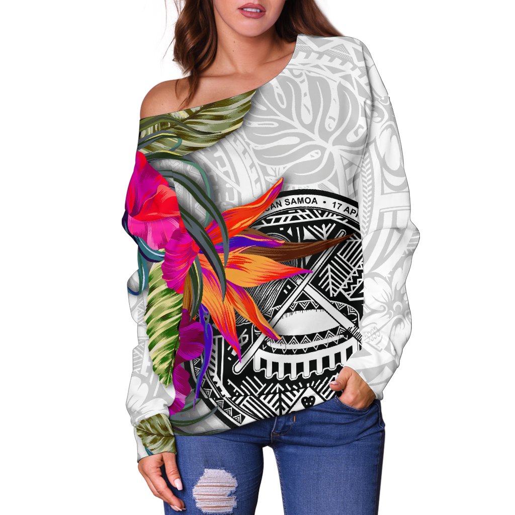 American Samoa Women's Off Shoulder Sweater Hibiscus Polynesian White pattern