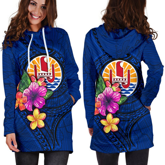 Tahiti Polynesian Women's Hoodie Dress Floral With Seal Blue