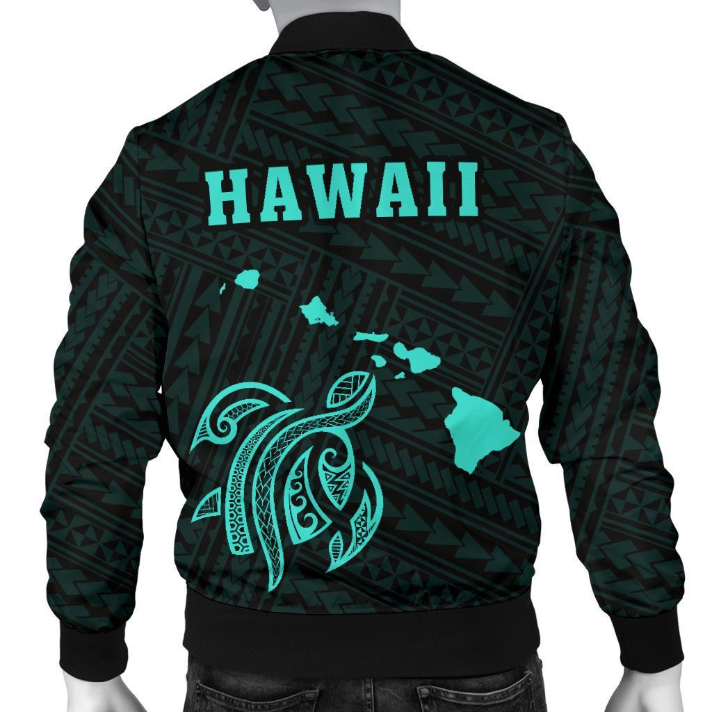 Hawaii Kakau Polynesian Turtle Map Men's Bomber Jacket Turquoise