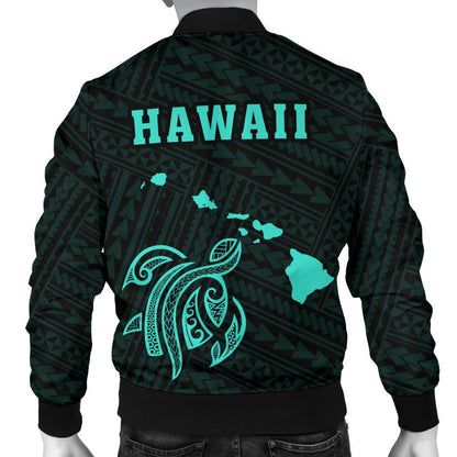 Hawaii Kakau Polynesian Turtle Map Men's Bomber Jacket Turquoise