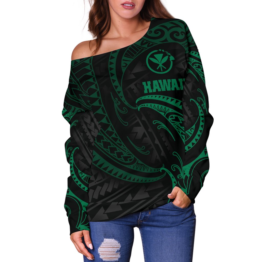 Hawaii Polynesian Women's Off Shoulder Sweater Green Tribal Wave