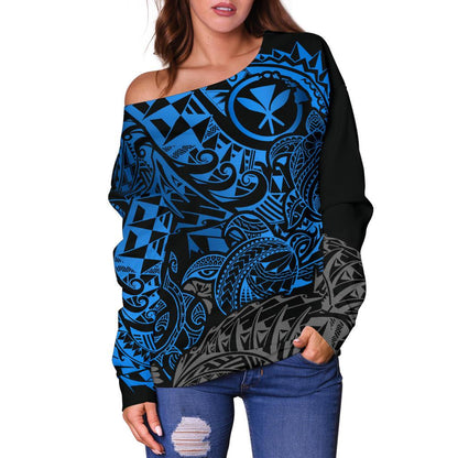 Polynesian Hawaii (Kanaka Maoli) Off Shoulder Sweater Blue Turtle Hibiscus Flowing