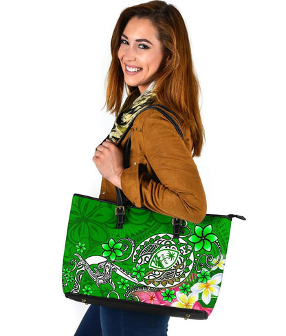Guam Large Leather Tote Bag - Turtle Plumeria (Green)