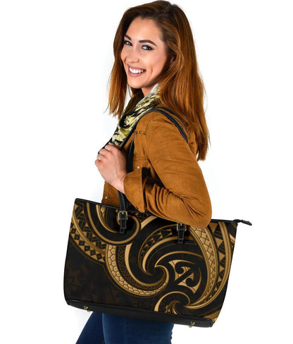 New Zealand Maori Mangopare Large Leather Tote Polynesian - Gold