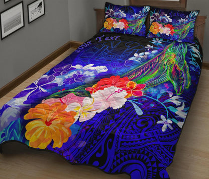 Tahiti Custom Personalised Quilt Bed Set Humpback Whale with Tropical Flowers (Blue)