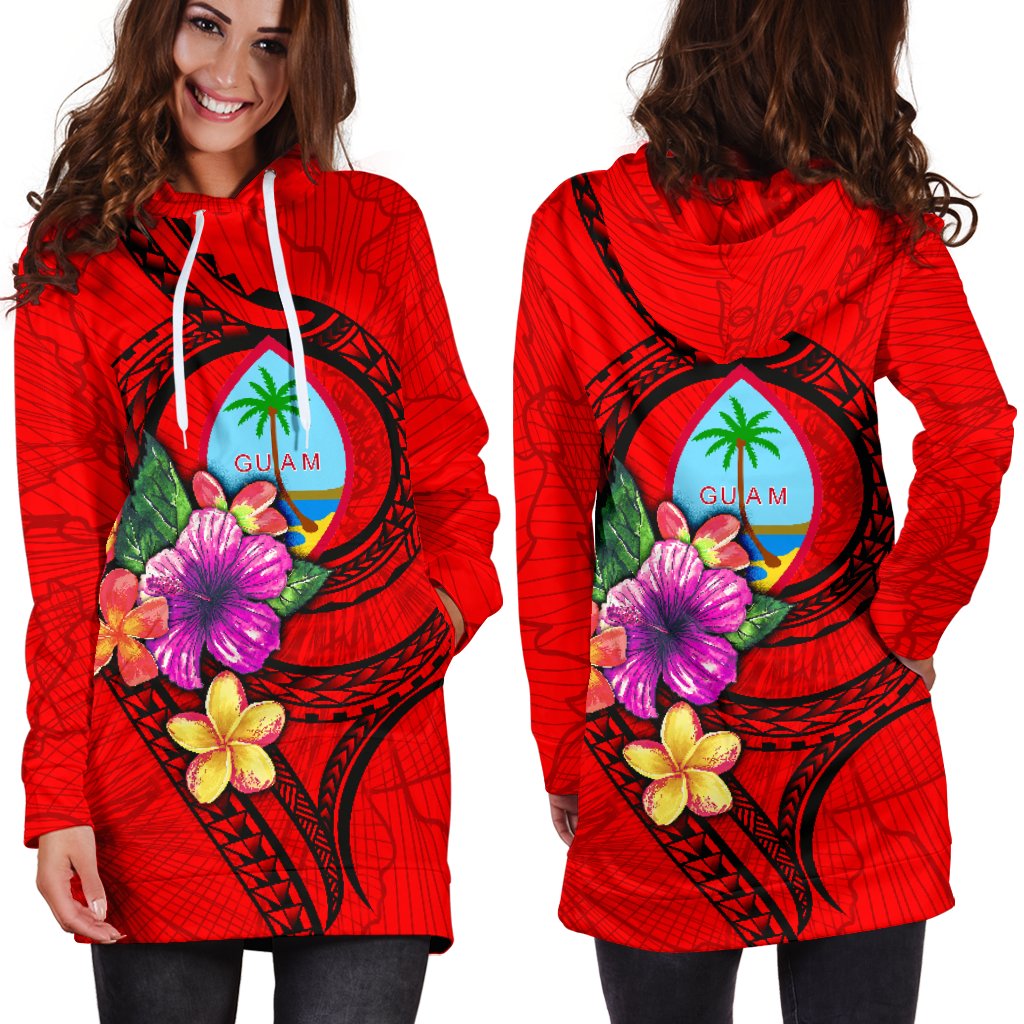 Guam Polynesian Women's Hoodie Dress Floral With Seal Red