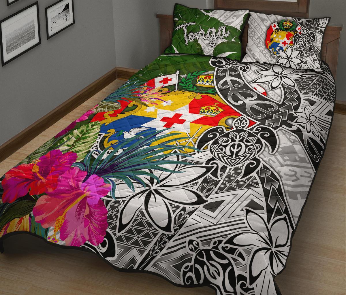 Tonga Quilt Bed Set White Turtle Plumeria Banana Leaf
