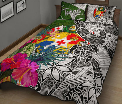 Tonga Quilt Bed Set White Turtle Plumeria Banana Leaf