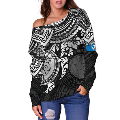 Northern Mariana Islands Polynesian Women's Off Shoulder Sweater White Turtle
