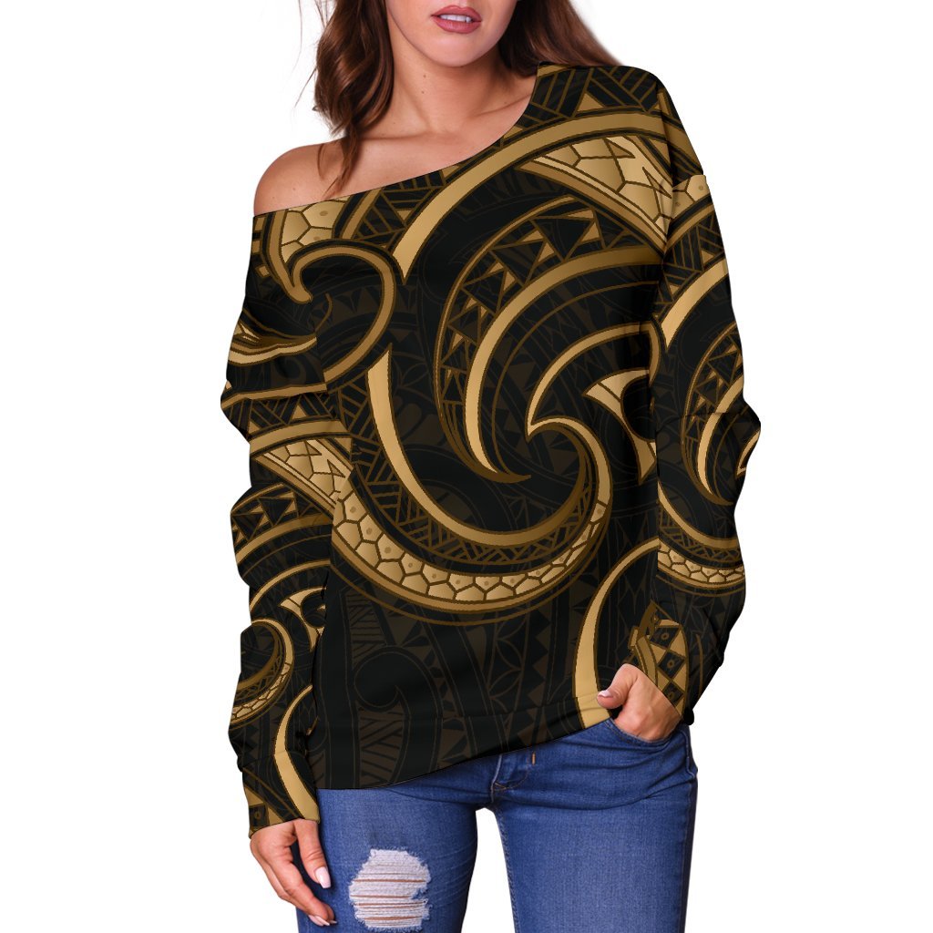 New Zealand Maori Mangopare Women Off Shoulder Sweater Polynesian Gold