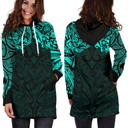 New Zealand Women'S Hoodie Dress, Maori Polynesian Tattoo Turquoise