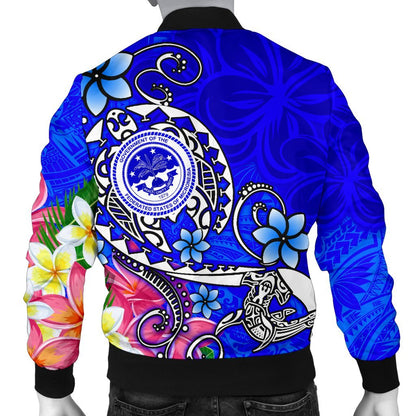 FSM Custom Personalised Men's Bomber Jacket Turtle Plumeria (Blue)