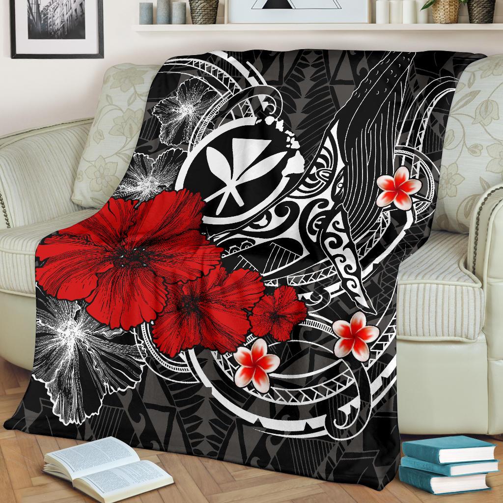 Polynesian Hawaii Kanaka Maoli Premium Blanket Humpback Whale with Hibiscus White